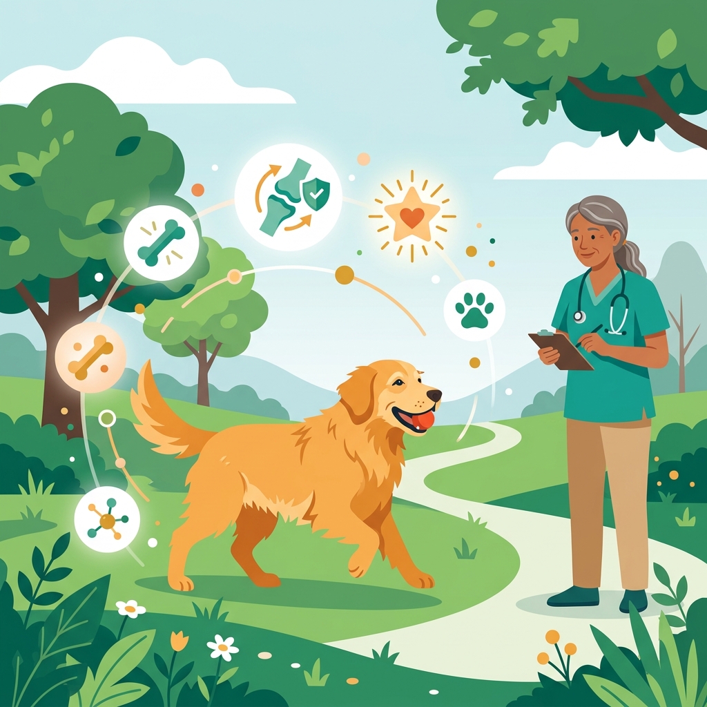 Perro mayor corriendo feliz en el parque con veterinario